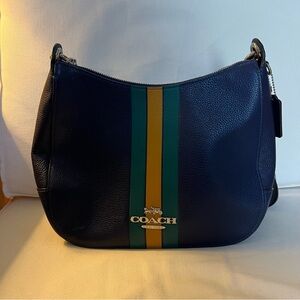 Coach Jes Hobo Navy Blue Yellow Green Varsity Stripe Leather Shoulder Bag